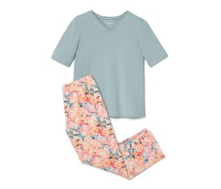 Haut aqua, pantalon abricot avec imprimé floral intégral multicolore