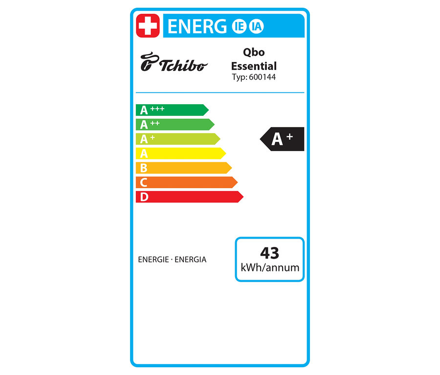Étiquette énergétique pour Qbo Essential avec une classe d'efficacité énergétique A+ et une consommation annuelle de 43 kWh.
