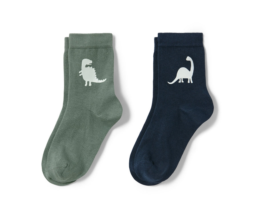 Deux paires de chaussettes, une paire vert olive et l'autre bleu foncé, chacune avec une image de dinosaure blanche.