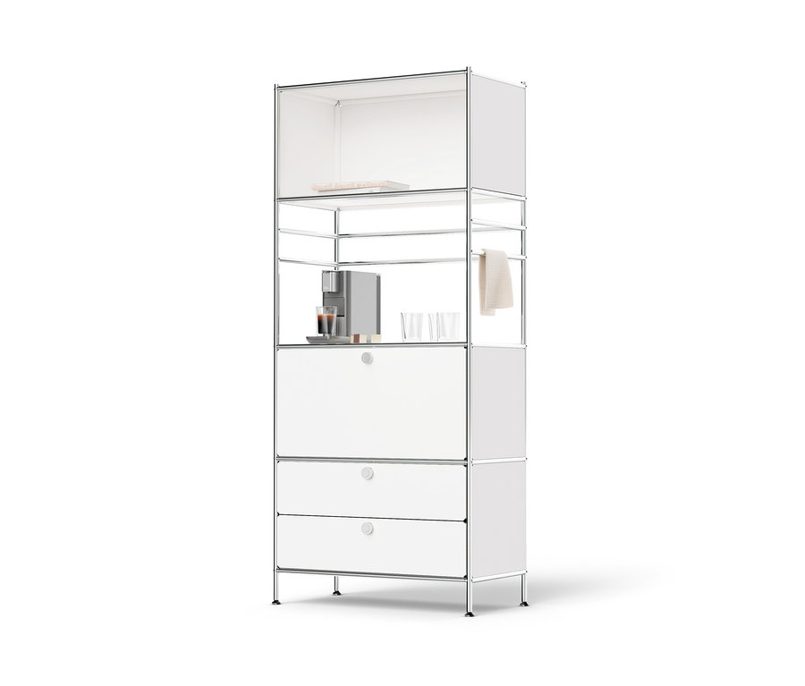 Haute étagère en métal « CN3 » avec abattant, deux tiroirs et machine à café.