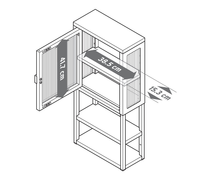 Armoire murale avec porte en verre avec une porte ouverte et dimensions.