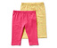 Deux leggings ¾ pour enfant, un rose et un jaune avec des motifs de confettis colorés.