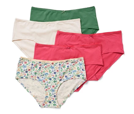 Cinq culottes de différentes couleurs et motifs.