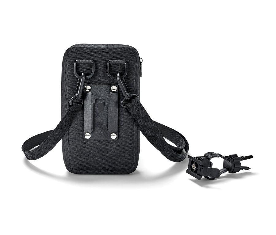 Un sac à smartphone 2 en 1 noir avec une sangle et un support de vélo.