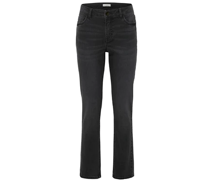Gros plan sur un jean gris foncé.