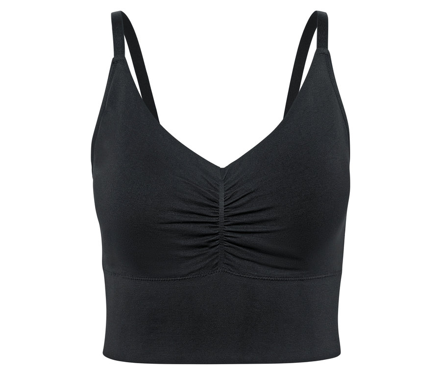 Soutien-gorge de sport noir à fines bretelles.