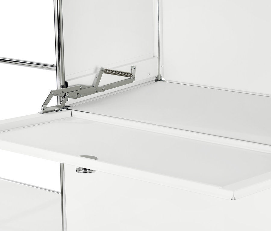 Détail d'une armoire métallique blanche »CN3« avec 2 compartiments pliants et 2 tiroirs.