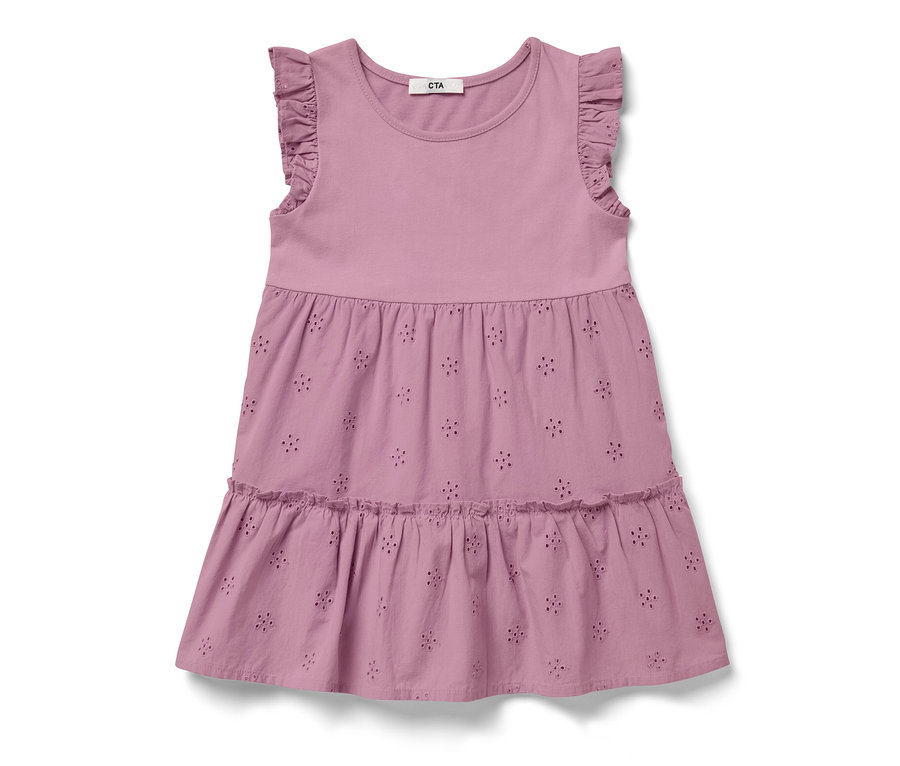 Une robe rose pour enfant avec des manches à volants et des détails brodés.