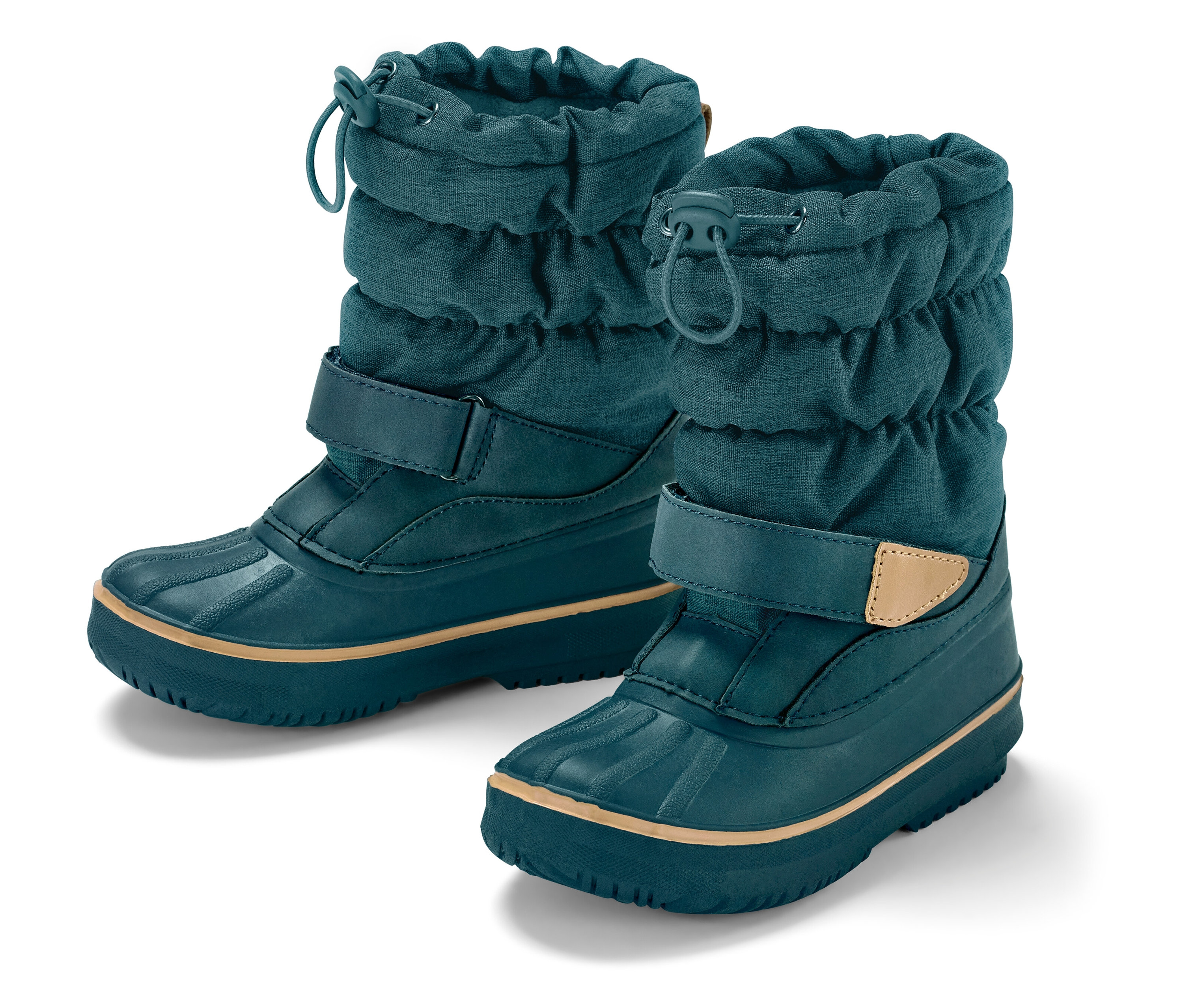 Deux bottes de neige enfant bleu-vert avec semelle beige.