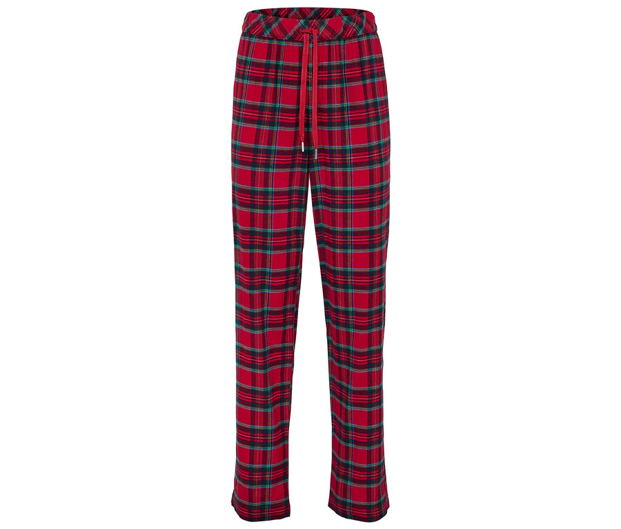 Pantalon rouge à carreaux avec cordon de serrage rouge.