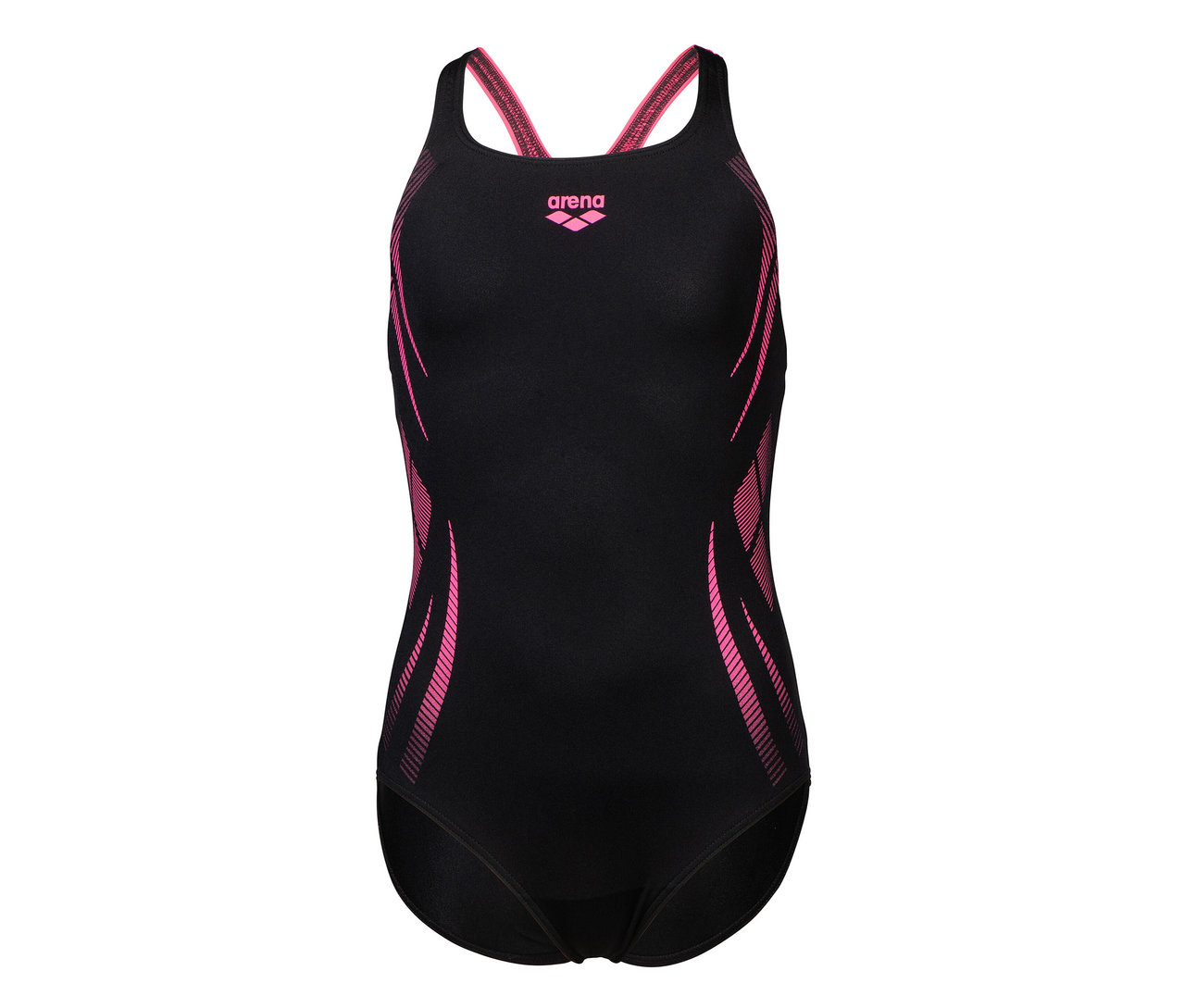 Maillot de bain arena Performance Poseidonia Swim Pro Back pour enfant, noir avec des détails roses.