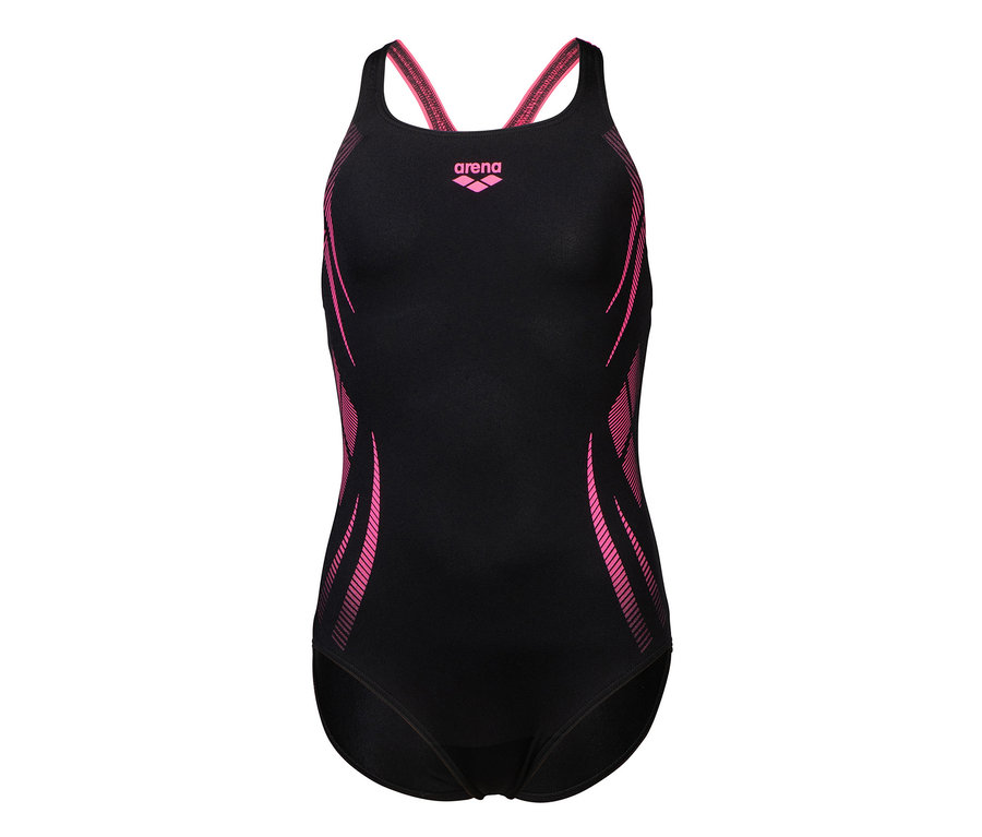 Maillot de bain arena Performance Poseidonia Swim Pro Back pour enfant, noir avec des détails roses.