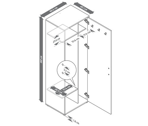 Schéma d'une armoire universelle avec porte ouverte et dimensions.