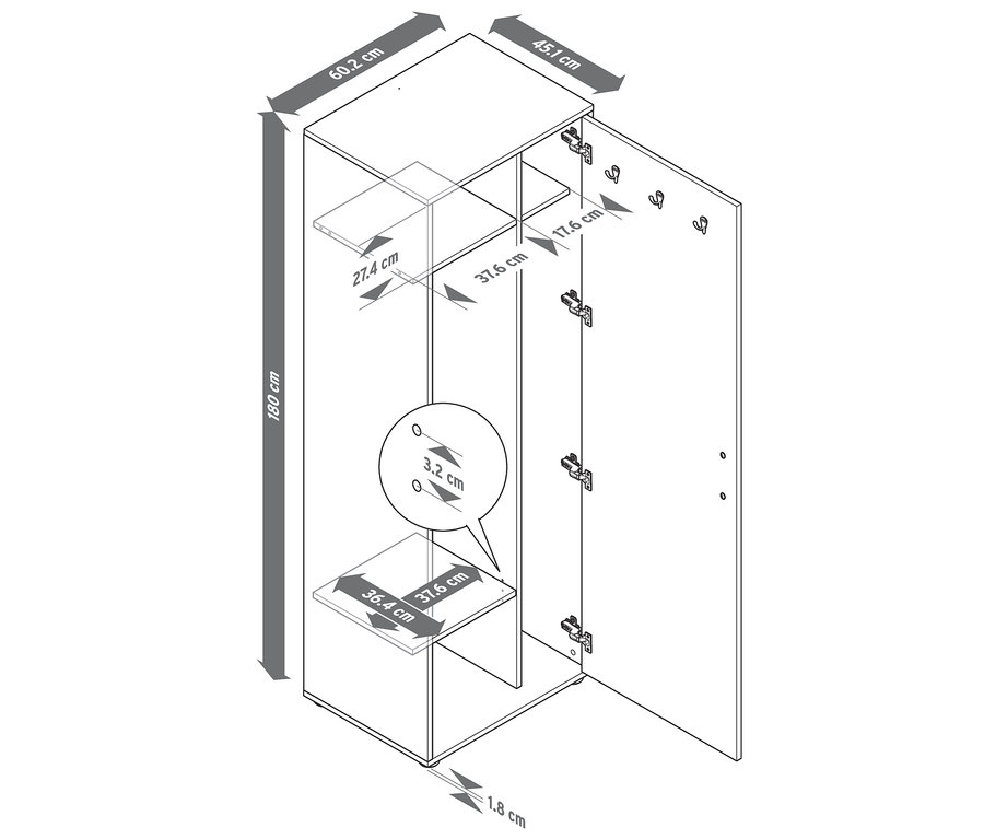 Schéma d'une armoire universelle avec porte ouverte et dimensions.