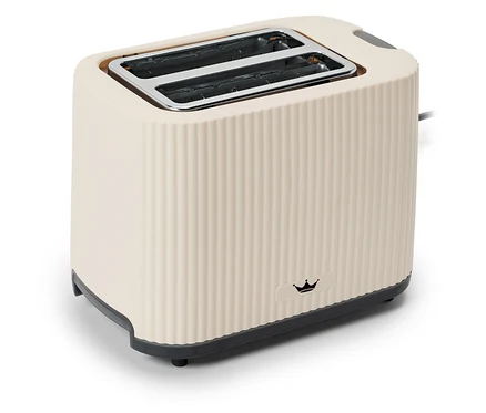 Un grille-pain beige à deux fentes sur fond blanc.