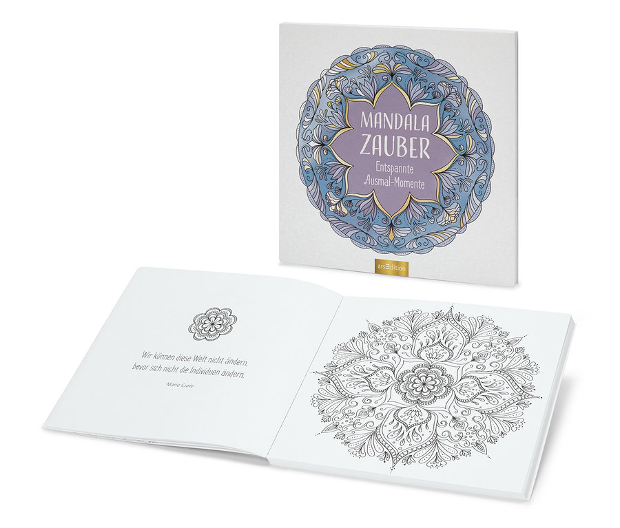 Le livre Mandala Zauber est ouvert, montrant une page avec une illustration de mandala en noir et blanc.