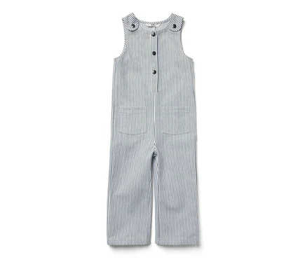 Salopette tissée pour enfants avec rayures bleues sur fond blanc.