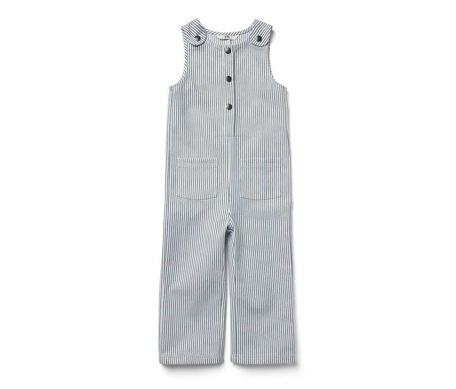 Salopette tissée pour enfants avec rayures bleues sur fond blanc.