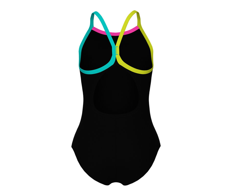 Maillot de bain arena Feel Light Drop Back Solid pour enfant, noir avec des bretelles vert néon et bleues.