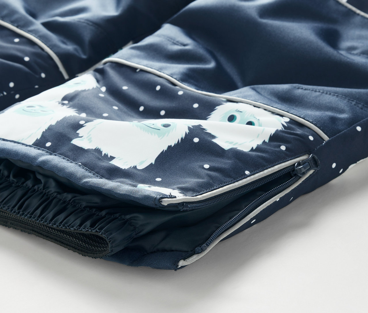 Gros plan sur un pantalon de ski pour enfants bleu foncé avec une fermeture éclair sur le côté et un imprimé de bonhommes de neige blancs.
