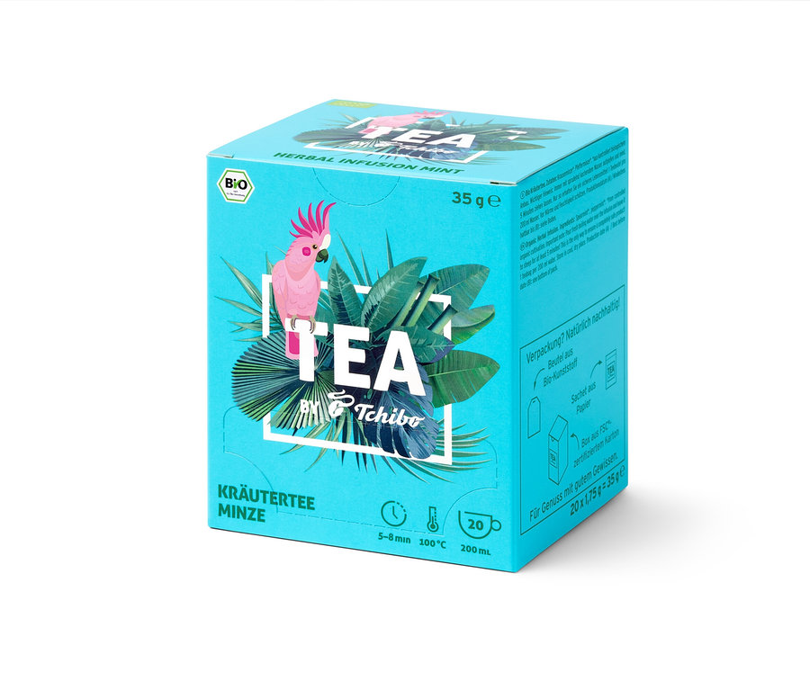 Paquet de BIO TEA by Tchibo Menthe 8x20x1,75g sur fond clair.