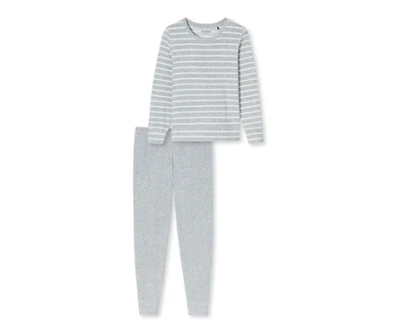 Ensemble pyjama en tissu éponge SCHIESSER à rayures grises, composé d'un haut à manches longues et d'un pantalon.