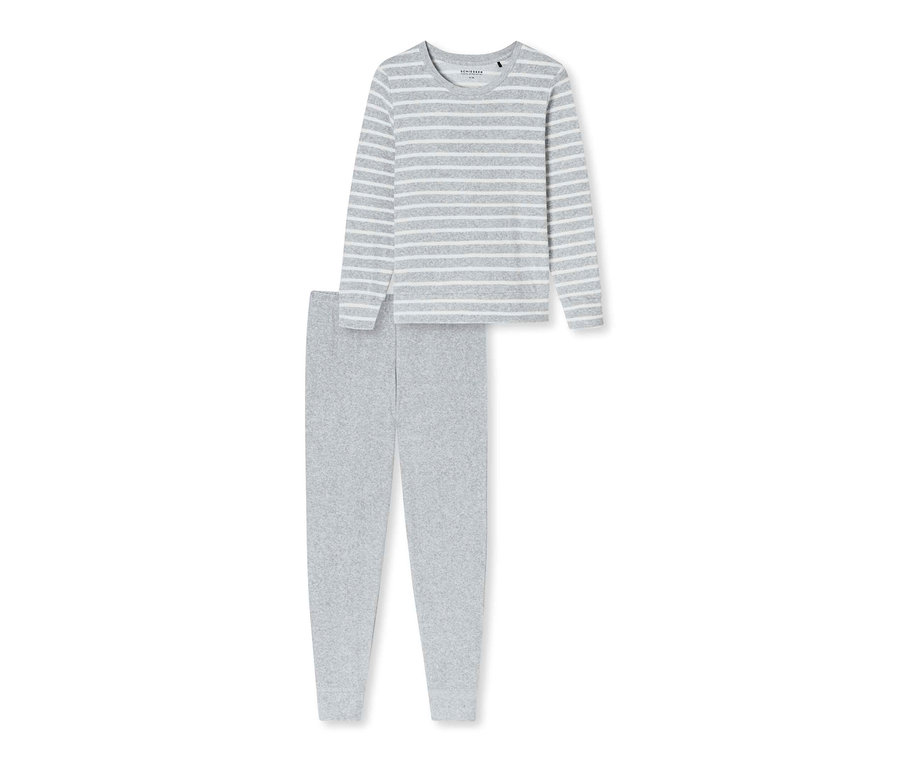 Ensemble pyjama en tissu éponge SCHIESSER à rayures grises, composé d'un haut à manches longues et d'un pantalon.