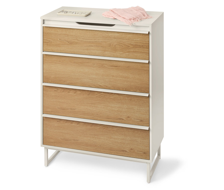 Commode « LEEG » avec 4 tiroirs et miroir dans la pièce.