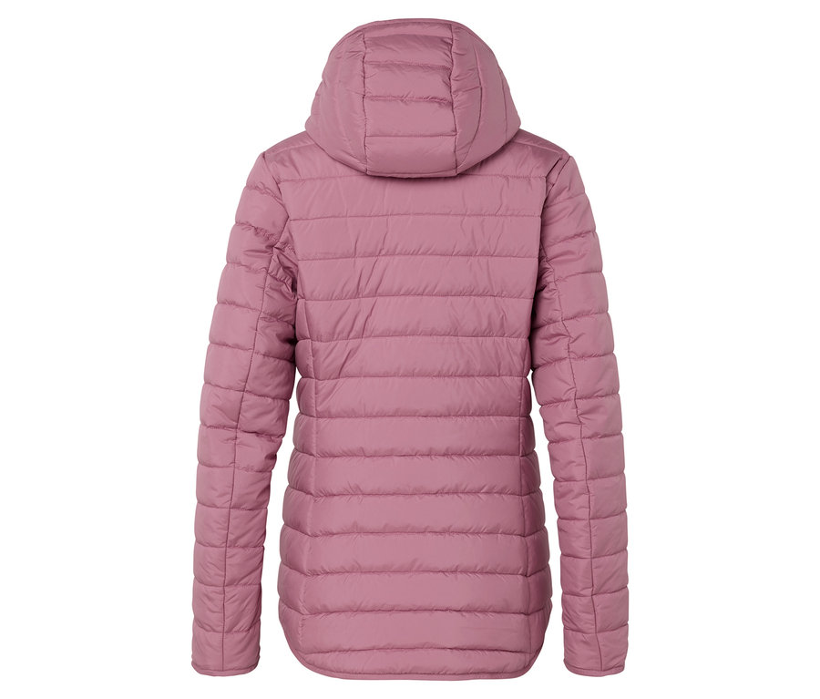 Vue arrière d'une veste matelassée à capuche rose.