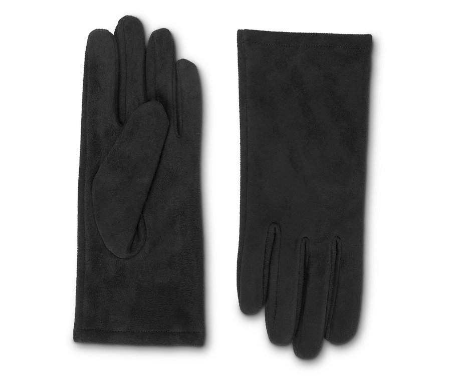 Deux gants noirs aspect cuir velours sont posés côte à côte.