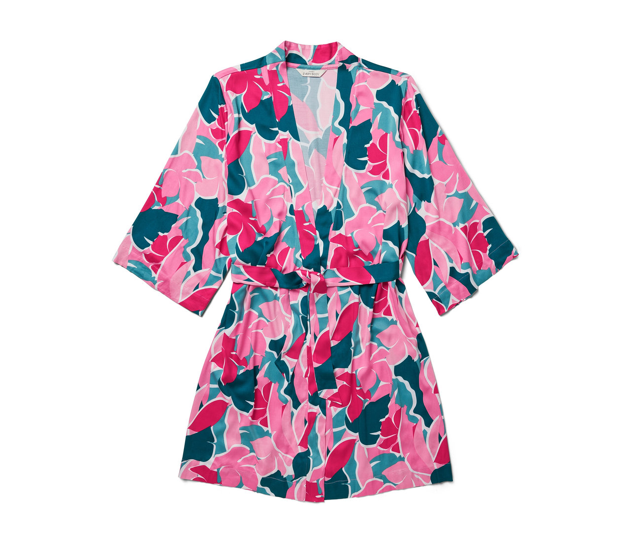 Robe de chambre rose et verte à motifs floraux.