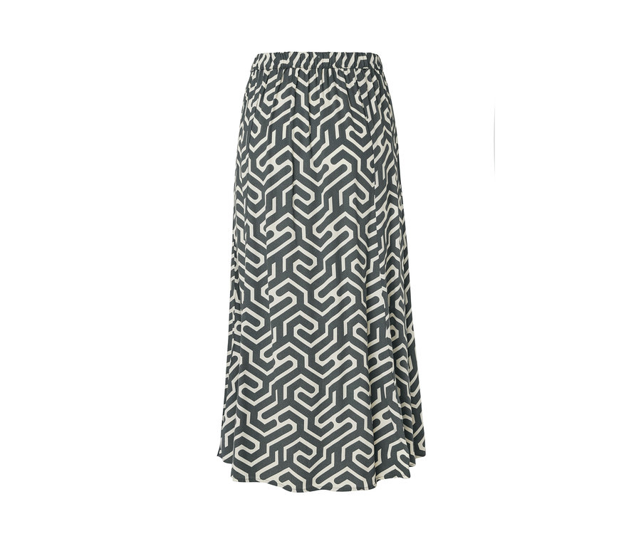 Jupe midi grise avec un motif géométrique.