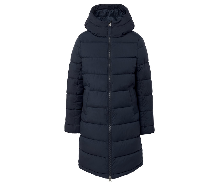 Doudoune longue bleu marine avec capuche et fermeture éclair.