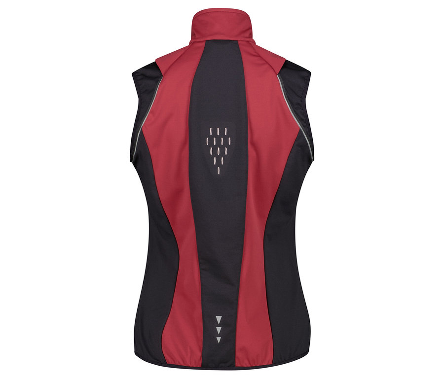 Vue arrière d'un gilet de sport rouge et noir.
