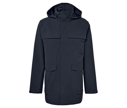 Veste bleu foncé avec capuche et poches.