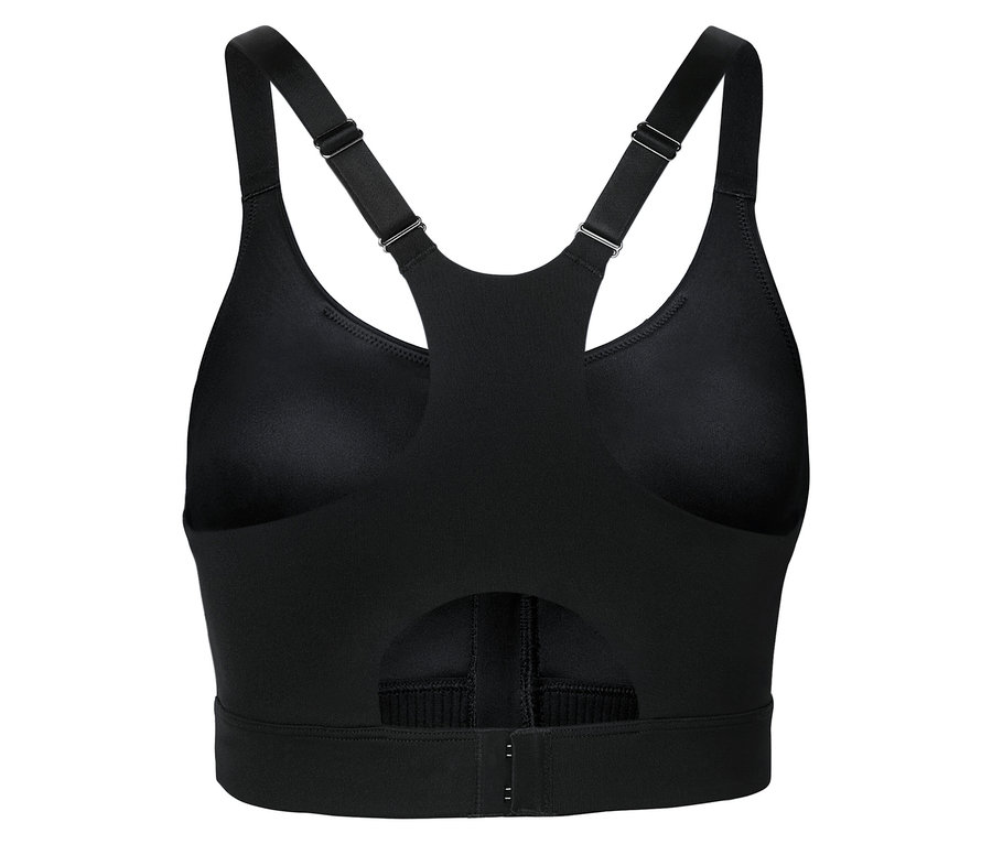 Soutien-gorge de sport noir avec bretelles réglables et fermeture au dos.