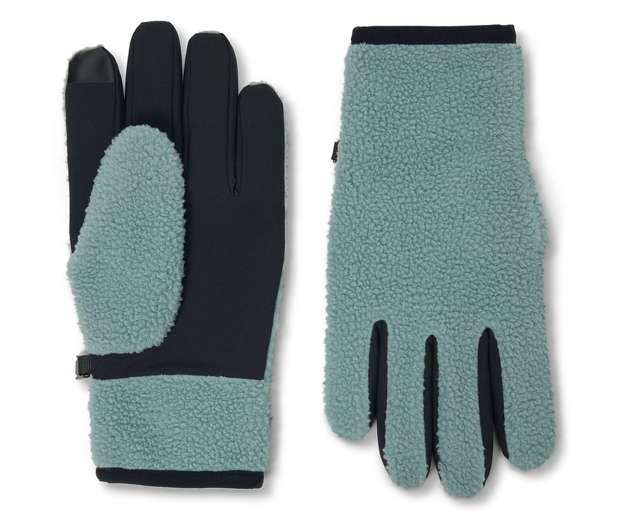 Deux gants : l’un noir avec une paume en polaire turquoise, l’autre en polaire turquoise.