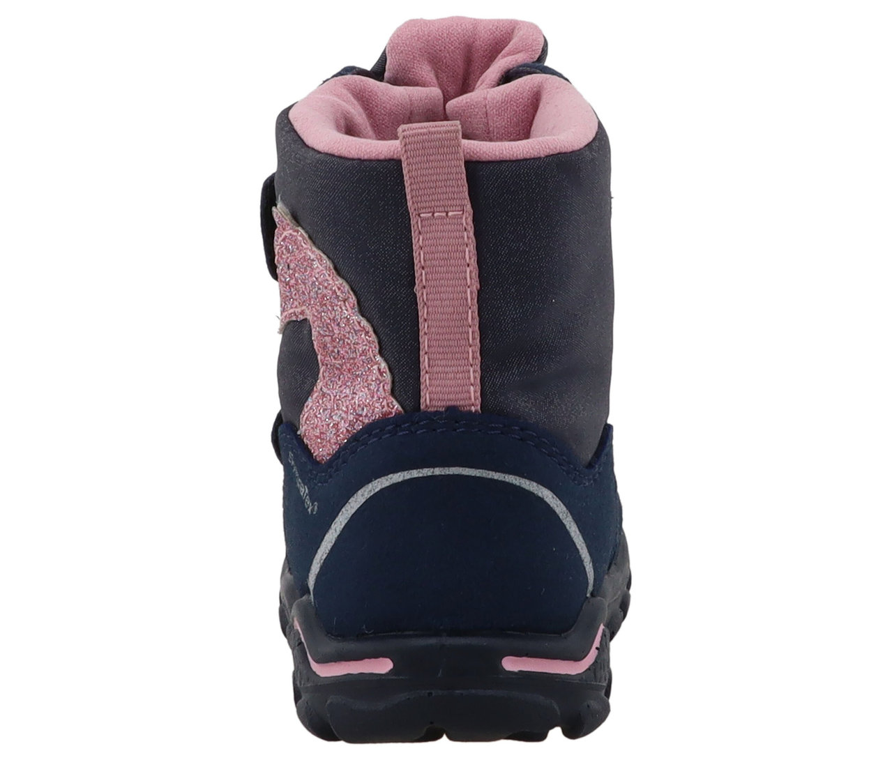 Détail de l'arrière d'une botte bleu marine LURCHI »Kalea-SYMPATEX« avec des accents roses.