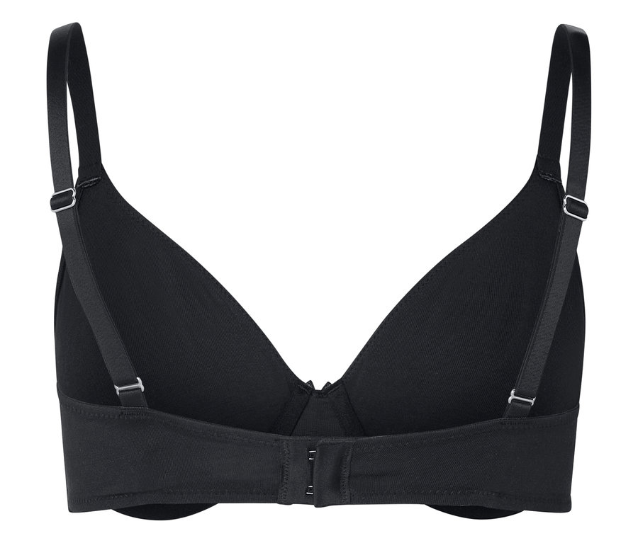 Vue détaillée de l'arrière d'un soutien-gorge noir avec bretelles réglables et fermeture à agrafes.