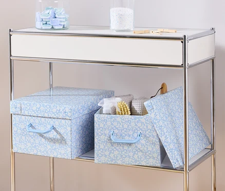 Sur une étagère, deux boîtes de rangement bleues avec couvercle et une boîte de rangement avec couvercle contenant des serviettes blanches et une brosse.