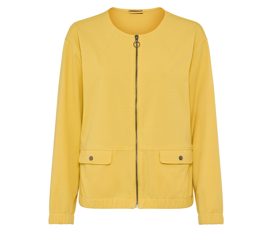 Veste jaune avec fermeture éclair et deux poches.