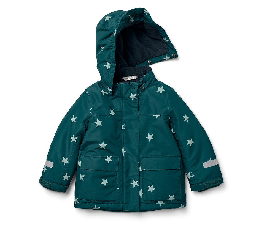 Veste verte pour enfant avec capuche et étoiles blanches.