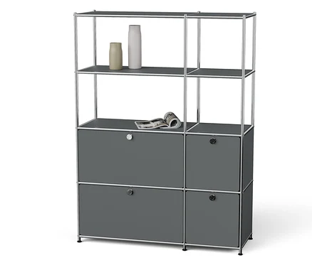 Étagère modulaire grise avec des vases et un magazine.
