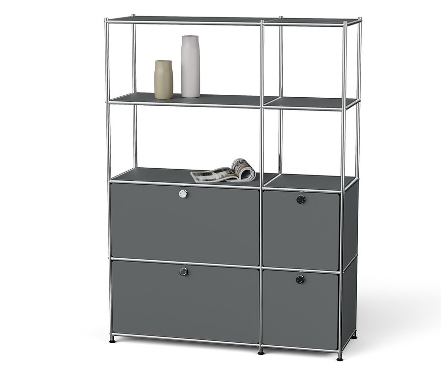 Étagère modulaire grise avec des vases et un magazine.