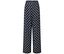Pantalon bleu à motifs blancs sur fond blanc.