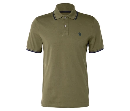 Polo olive avec accents bleu marine au col et aux manches.