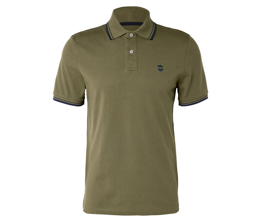Polo olive avec accents bleu marine au col et aux manches.
