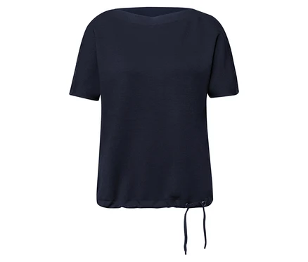Chemise à manches courtes Street One bleu marine avec un large décolleté et un cordon de serrage à l'ourlet.