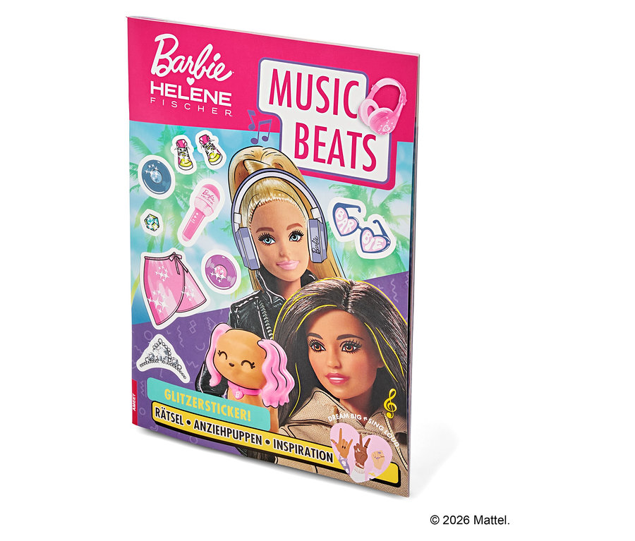Le cahier d'autocollants Barbie Helene Fischer Music Beats montre deux poupées Barbie et des autocollants sur le thème de la musique.