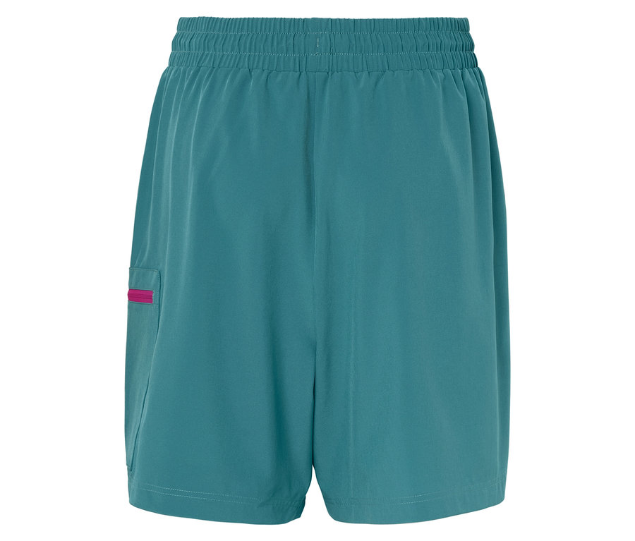 Shorts sarcelle avec taille élastique et fermeture éclair rose sur la poche.